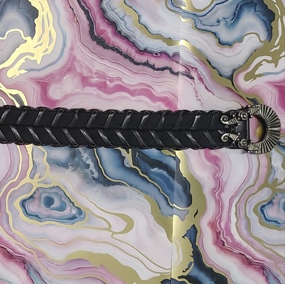 Pewter Hook Deco- Goth Stretchy Braided Black Leather Belt - Picture 9 of 9